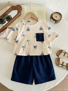 SHEIN LMoss Kids 2pcs/Set Young Boy Knit Colorblock Round Neck Casual T-Shirt And Shorts Set,Kids - Multicolor - View 4