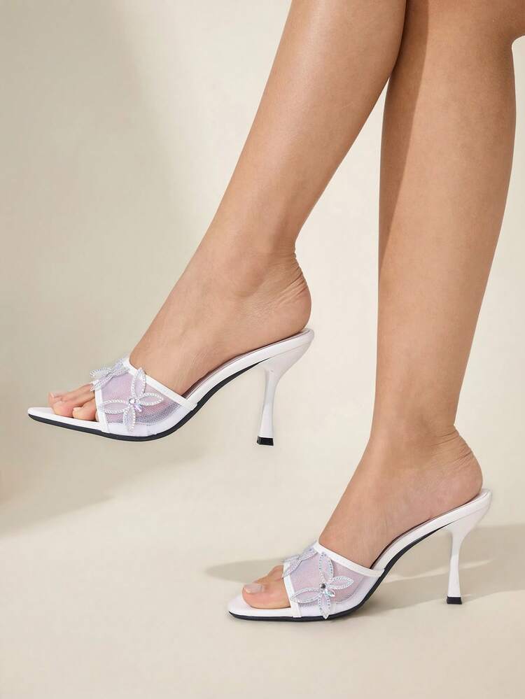 CUCCOO CHICEST Women's Rhinestone Butterfly Decor Elegant High Heel Slide Sandals Elegant Shoes Wedding Shoes