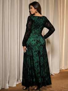 Elaquor Plus Size Women Floral Flocked Mesh Long Sleeve Ruffle Elegant Dress - Dark Green - View 2