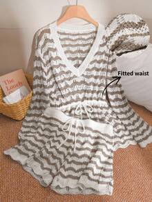 CosyJoli 大码优雅法式极简波浪纹多功能度假休闲镂空针织上衣和裤子两件套，轻盈透气，适合春夏穿着 - 駝色 - 查看 1