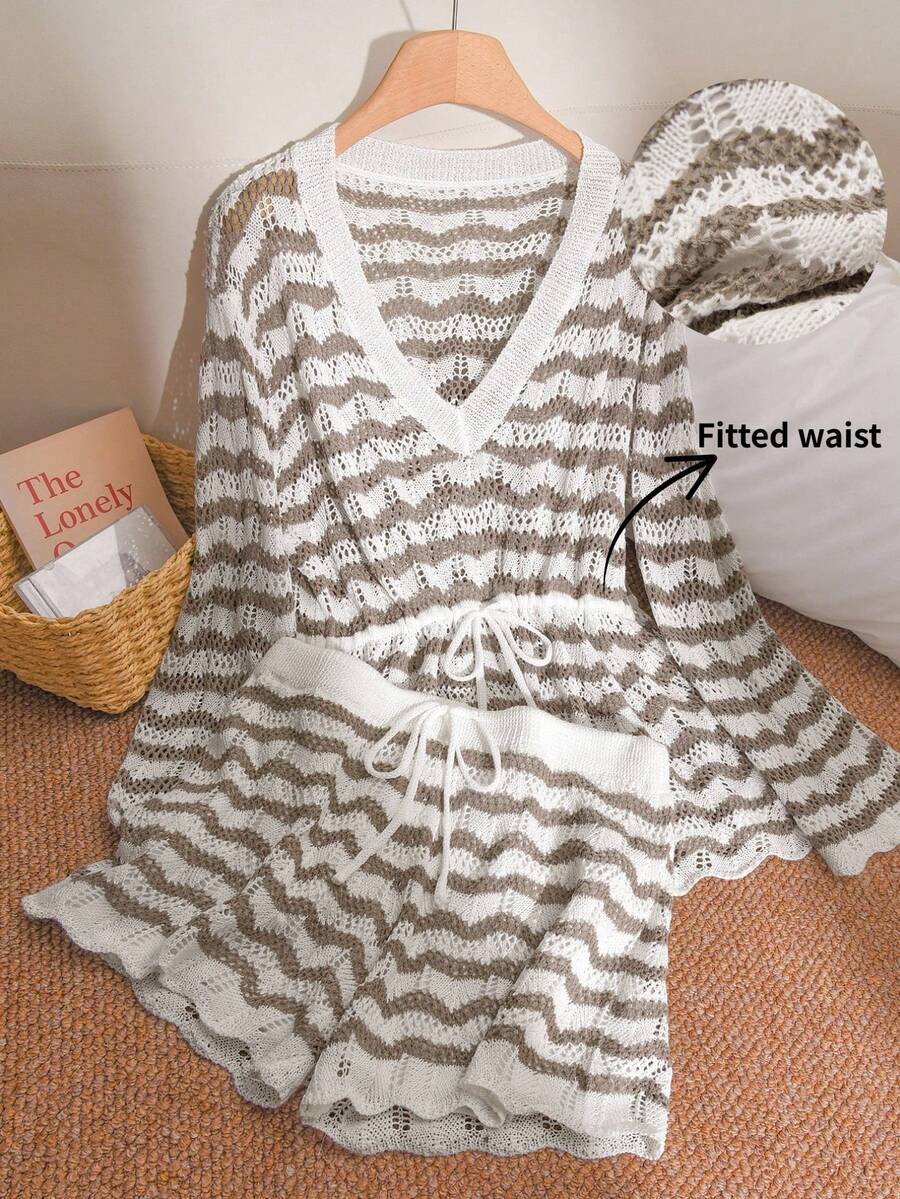 CosyJoli 大码优雅法式极简波浪纹多功能度假休闲镂空针织上衣和裤子两件套，轻盈透气，适合春夏穿着 - 駝色 - 查看 1