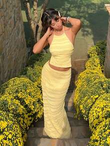 MainGRL 's Pale Yellow Summer Casual Vacation Holiday Outfit,Textured Knit Backless Halter Top And Mid-Waisted A-Line Skirt Set For Women,Elegant - Light Yellow - View 6