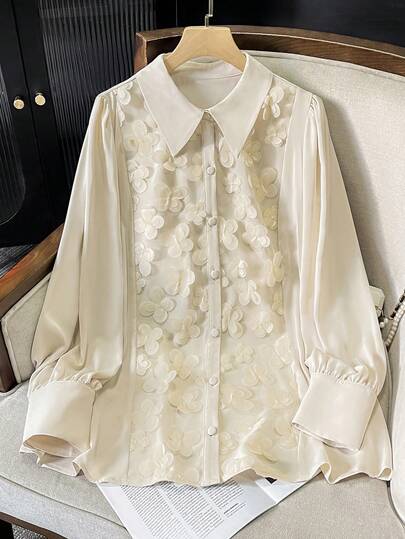 Lacomfia 大码缎面领衬衫，饰有3D立体花卉图案，泡泡袖设计，优雅迷人