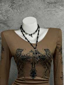 StreetHx 十字印花V领薄款长袖T恤，朋克风格 - 摩卡棕 - 查看 5