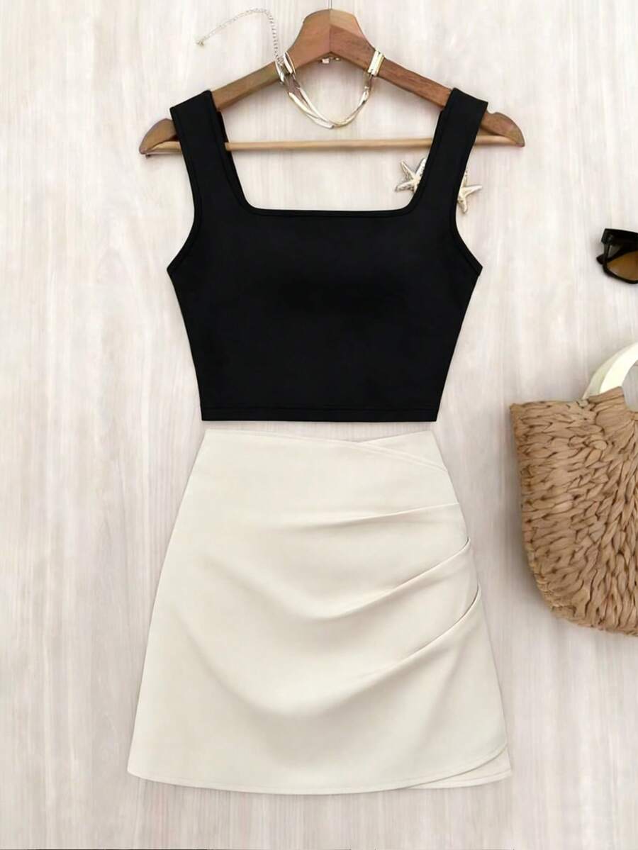 GlowEve 新款套装：黑色方领宽肩带吊带背心+高腰百褶A字裙，时尚夏季女装 - 彩色 - 查看 1