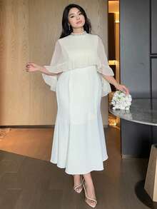 Dazy Plus Plus Size Women Mandarin Collar Rhinestone Decor Ruffle Hem Cape Design Elegant Waist Cinched Party Dress Maxi Dress - Apricot - View 3