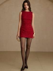 Revavyn Revavyn New Elegant Embellished Mesh Floral 3D Fitted Party Evening Cocktail Mini Dress, Versatile For Daily Wear - Red - View 4