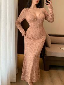 DAZY Ditsy Blumen tailliertes V-Ausschnitt gerafftes Taille Langarm Maxi Nachthemd für Frauen - Koralle Orange - Übersicht 5