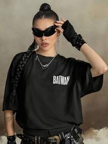 BATMAN X SHEIN Men's Casual Bat Print Short Sleeve T-Shirt, Summer - Black - View 2