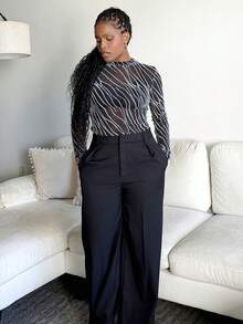 Tyla Gomez Versatile Fitted Long Sleeve Sheer Mesh Women Tops - Black - View 6