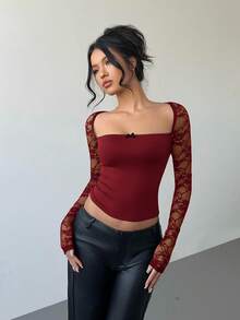 Aloruh Women's Lace Crew Neck Long Sleeve Fitted Cropped Fashionable T-Shirt - Burgundy - View 5