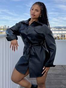 Tyla Gomez Flap Detail Belted PU Leather Coat Fall Winter Cloth For Women - Black - View 6