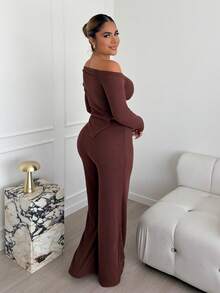 Maria Perezxox Women's Casual Asymmetrical Shoulder Fuzzy T-Shirt + Wide Leg Low Waist Pants 2 Pieces Set, Winter Fall Cloth For Women - Brown - View 2