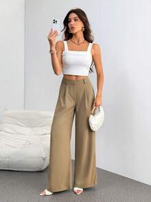 SHEIN Tall Quần ống rộng cạp cao màu trơn, kiểu dáng thường ngày, đa năng, phù hợp cho người cao, phong cách thu đông. - Màu Khaki - Xem 5