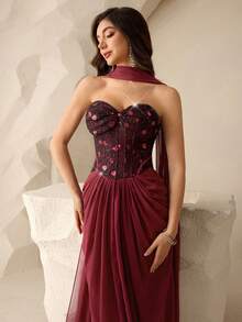 Coutiva Women's Sequin Patchwork Twist Bandeau Flowy Dress - Burgundy - View 1