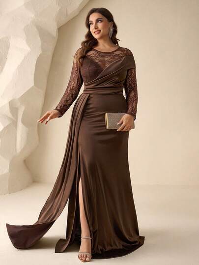 Coutiva 优雅纯色蕾丝拼接加大码新娘母亲礼服