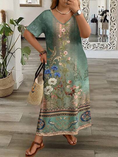 EMERY ROSE Vestido largo de verano con cuello en V y manga corta, estampado floral vintage europeo, talla grande, informal