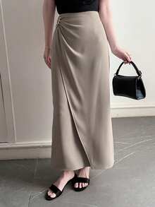 DAZY Women's Solid Color Metal Decor Elegant Office Skirt Summer - Khaki - View 6
