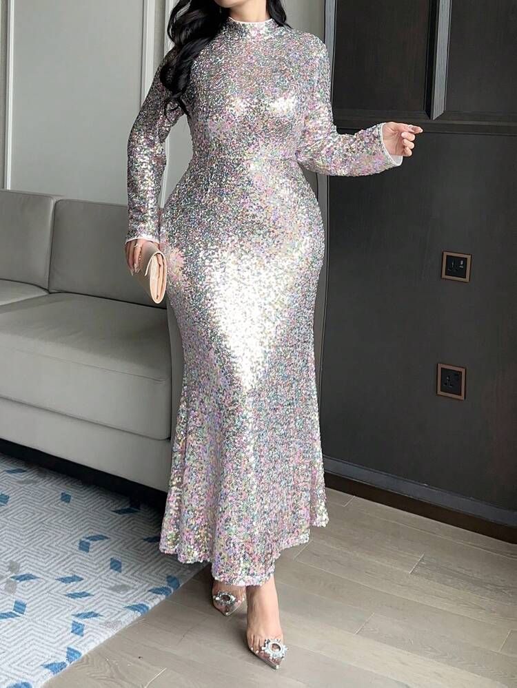 Dazy Plus Shiny Wrap Waist Elegant Party Maxi Mermaid Dress, Plus Size Red, New Year Sundress