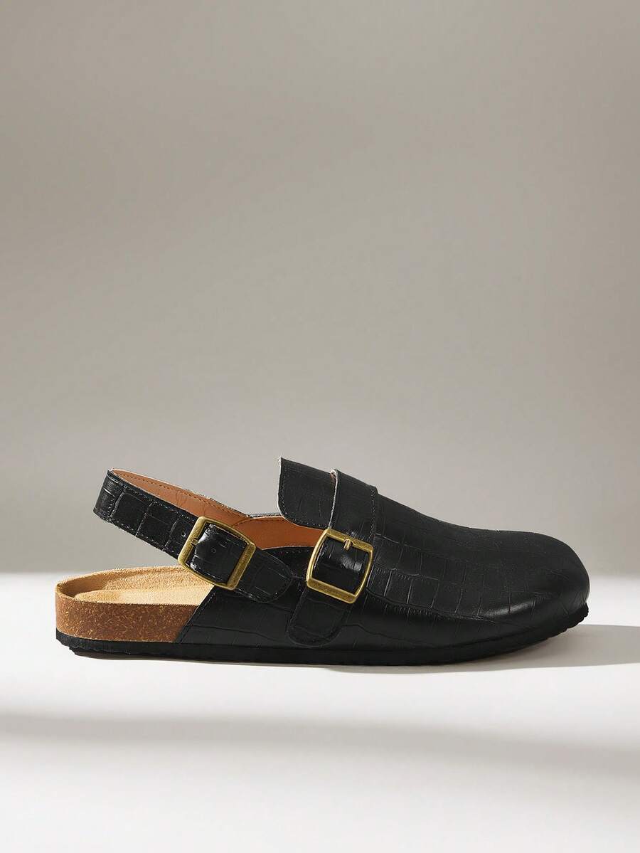 Solecia Women's New Slip-On Half-Covered Slippers With PU Leather Stone Texture, Back Strap Design, Flat Sole, Comfortable And Versatile, Suitable For Commuting, Going Out, Shopping, And Traveling - Bright black - View 1