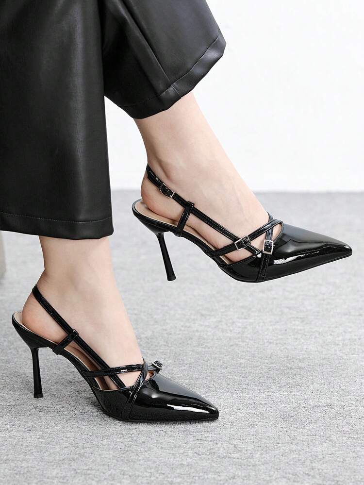 CUCCOO BIZCHIC Niche Design French Pointed Toe High Heels, French Elegance + Mature Sexy Style, Glossy Material, Criss-Cross Strap + Metal Buckle Decor, Suitable For Women, Daily Commute, Dating, Light Workplace And Other Occasions