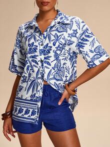 Eryvara Camisa suelta estampada y pantalones cortos elásticos con cordón de unicolor para mujer - Azul - Ver 5