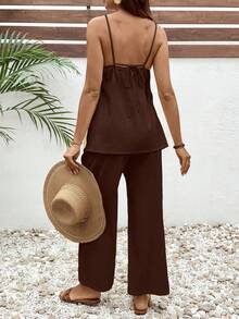 SHEIN Bộ đồ bầu nghỉ dưỡng 2 món: Áo hai dây màu trơn xẻ tà bên hông và quần cạp chun điều chỉnh được. - Cà phê nâu - Xem 7