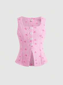 Conjunto de blusa sin mangas de cuello redondo y pantalones elegante y minimalista para niña preadolescente - Rosa - Ver 4