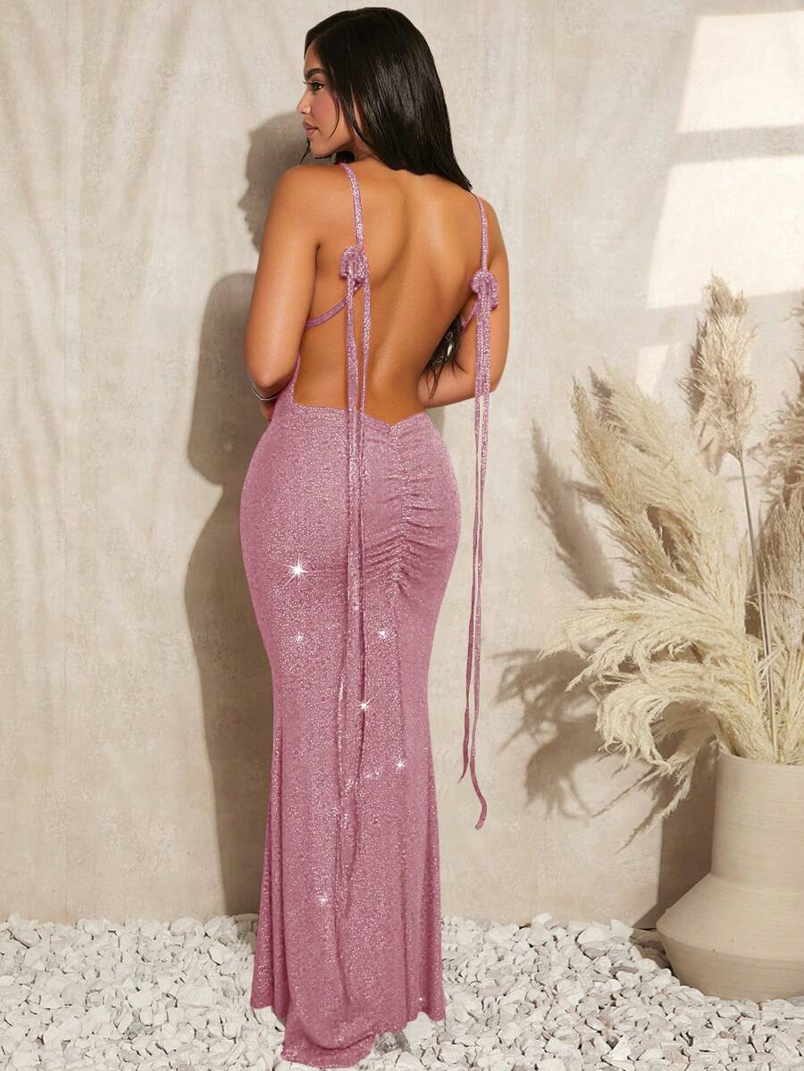 SHEIN SXY 女士纯色深V领露背修身鱼尾吊带派对连衣裙 - 粉色 - 查看 1