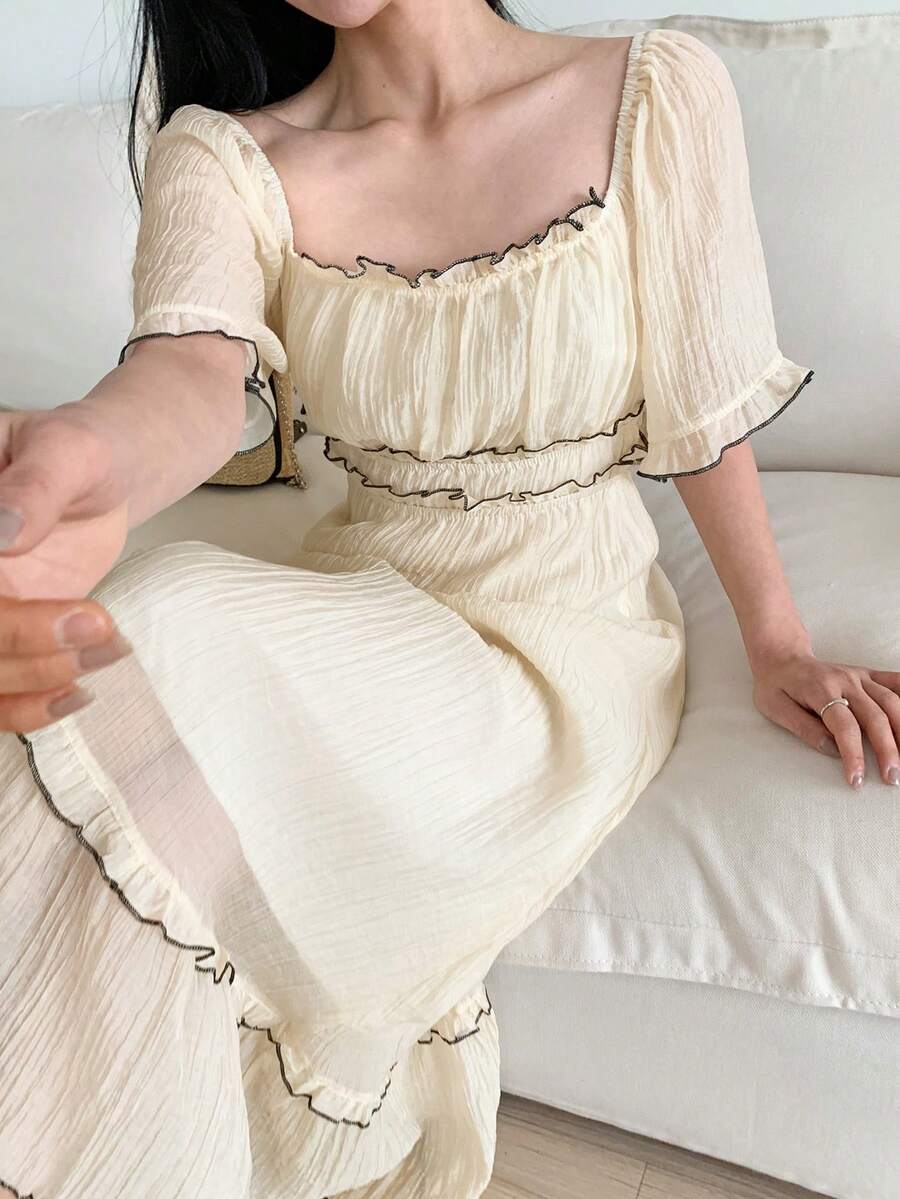 DAZY Women's Patchwork Contrast Color Ruffle Hem Waist Midi Dress Sundress - Yellow - View 1