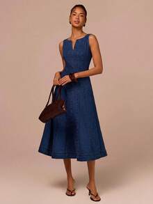 COSMINA Women's V-Neck A-Line Mid-Length Denim Dress, Waist Cinched, Casual Commute Elegant Vacation Denim Dress - Blue - View 1