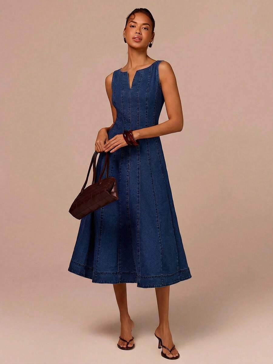 COSMINA Women's V-Neck A-Line Mid-Length Denim Dress, Waist Cinched, Casual Commute Elegant Vacation Denim Dress - Blue - View 1