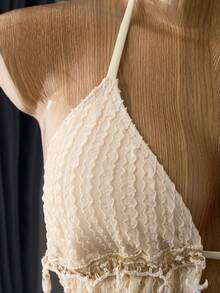 Bellisia Summer Beach Women 2 Pieces Spaghetti Strap Vest Wavy Striped Shell Patchwork Tie Neck Bikini Set, Bohemian Style - Beige - View 6