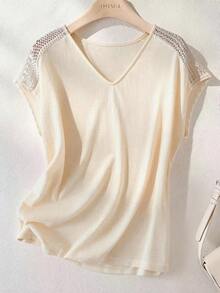 Breezaya Fashionable Hollow Out Knit Short Sleeve T-Shirt, Loose & Slimming V-Neck Casual Top - Apricot - View 3