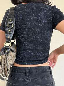 DAZY Women's Washed Embroidered Ruched Fitted Short Sleeve Stretch Denim Top - Grey - View 4