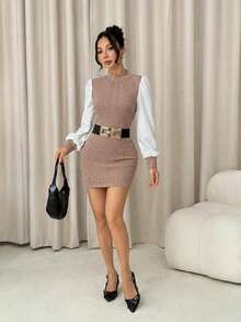 SHEIN PETITE Đầm tay phồng cổ đứng có gân - Màu Khaki - Xem 3