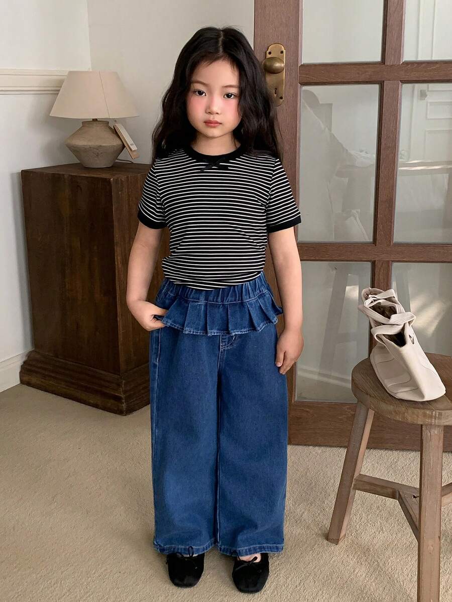 DAZY Quần jeans ống rộng xếp ly phối nhiều mảnh dành cho bé gái, cạp chun co giãn, kiểu dáng thường ngày. - Màu xanh lam - Xem 1