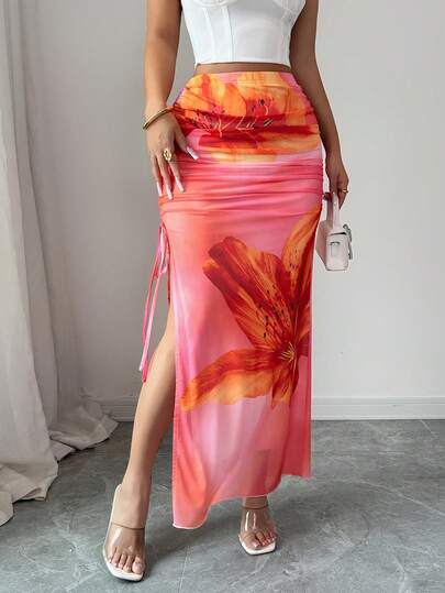 Elenzga Women's Elegant High Slit Drawstring Floral Print Maxi Skirt, Sexy Hollow-Out Mesh Patchwork Pleated A-Line Long Skirt, Suitable For Graduation Party, Holiday Events, Date