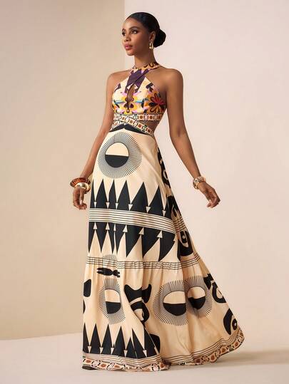 Zivah Vestido A-Line Ajustado con Estampado de Colocación, Cuello Halter, Cintura Calada, Estilo Boho Tropical Fresco para Vacaciones, Nuevo Lanzamiento Primavera/Verano 2026, Beige para Mujeres