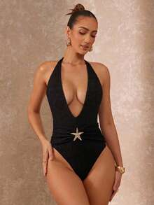 Lumalex 女士两件套海星金属装饰深V领连体泳衣，含沙滩罩衫和长裙，春夏泳装，度假波西米亚风，海滩度假，户外盛装，层次丰富，适合婚礼季、宴会、成人礼、海滩、海滨节庆、老钱婚礼、订婚、成人礼等场合，女士奢华派对印花连衣裙 - 黑色 - 查看 8