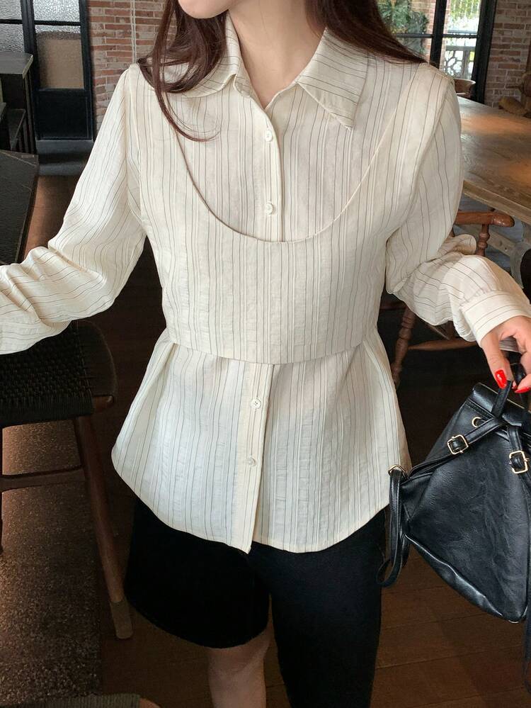 Women's Striped Lapel Long Sleeve 2 Pieces Shirt Set, Spring/Summer
