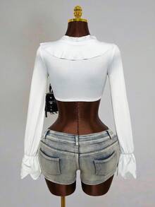 Mistrie Women's Fashion Sexy White Pleated Design Sleeve Bell Shirt - White - View 2