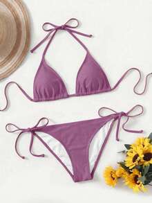 SHEIN Swim Women's Simple Solid Color Backless Tie-Front Halter Bikini Set, Suitable For Beach Vacation - Mauve Purple - View 3