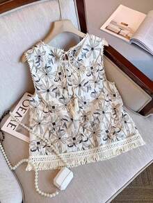 Franclia Women's Casual Floral Print Tassel Hem Sleeveless Blouse - White - View 2