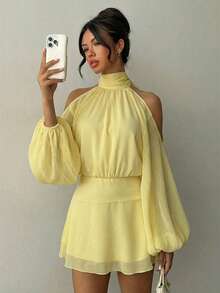 Aloruh Women's Elegant Pale Yellow Mini Dress,Long Sleeve Lantern Sleeve A-Line Party Dress,Summer Wedding Guest Dress,Solid Color Short Afternoon Tea Dress - Light Yellow - View 4