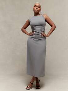 Vixey Twisted Sleeve Fit And Flare Midi Office Dress - Grey - View 2