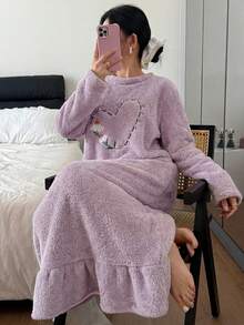 Dream Adore Heart & Daisy Embroidered Plush Ruffle Trim Casual Women Nightgown, Moo Moo Night Dress - Purple - View 5