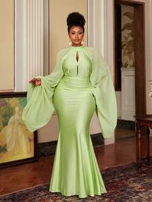 Maweii Plus Size Women's Lime Green High Neck Cape Sleeve Ruched Bodycon Maxi Dress, Elegant Fit For Spring & Summer Wedding Guest & Party Outings - Green - View 4