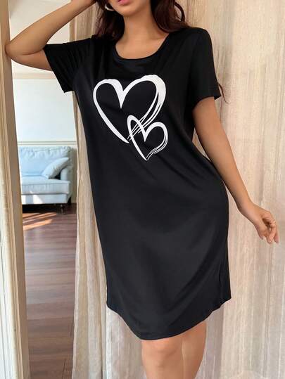 SHEIN Napfluff Camisón casual de mujer de manga corta con estampado de corazones