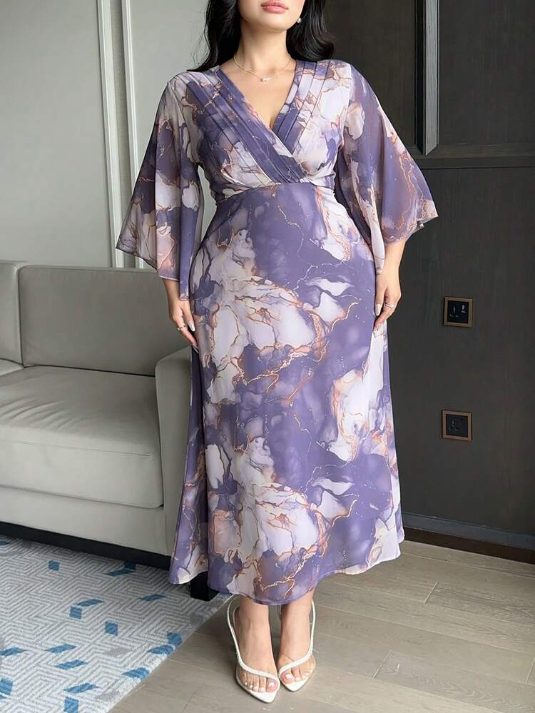 Dazy Plus Plus Size Floral Print V-Neck Waist Ruffle Sleeve Elegant Purple Chiffon Maxi Dress, Party/Spring/Summer Sundress Boho